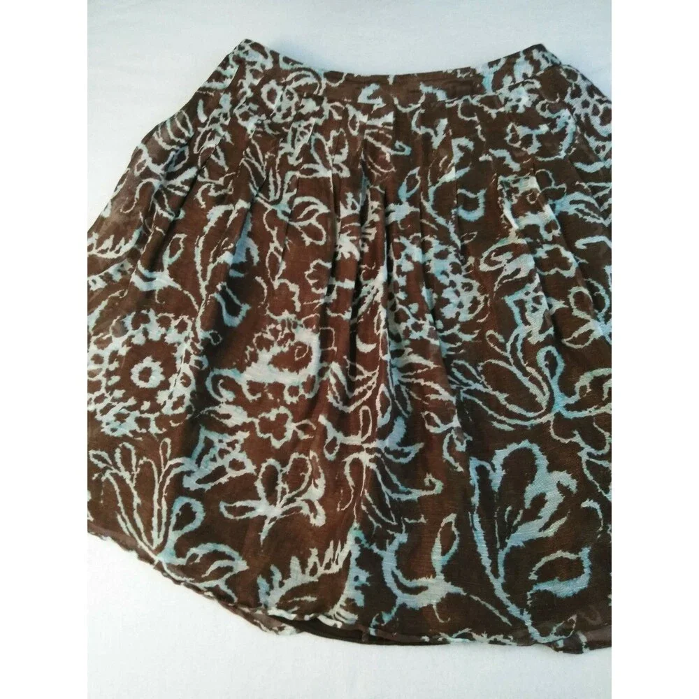 Worthington Womens Skirt Size 14 Flare Pleated Brown Teal Sheer Attached Slip